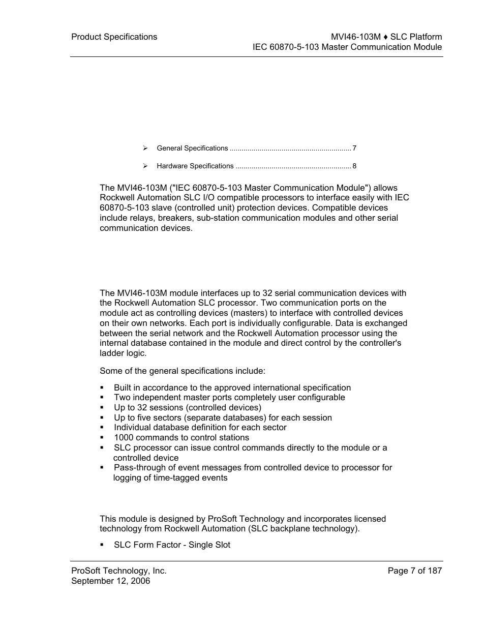Product specifications, General specifications, Physical | 1 product specifications | ProSoft Technology MVI46-103M User Manual | Page 7 / 187