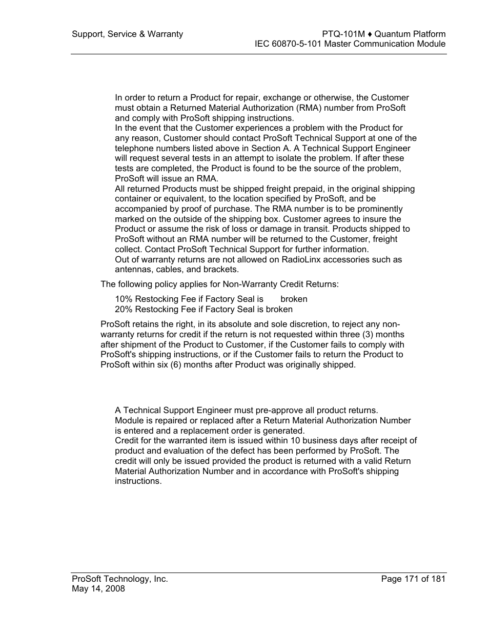 All product returns, Procedures for return of units under warranty | ProSoft Technology PTQ-101M User Manual | Page 171 / 181