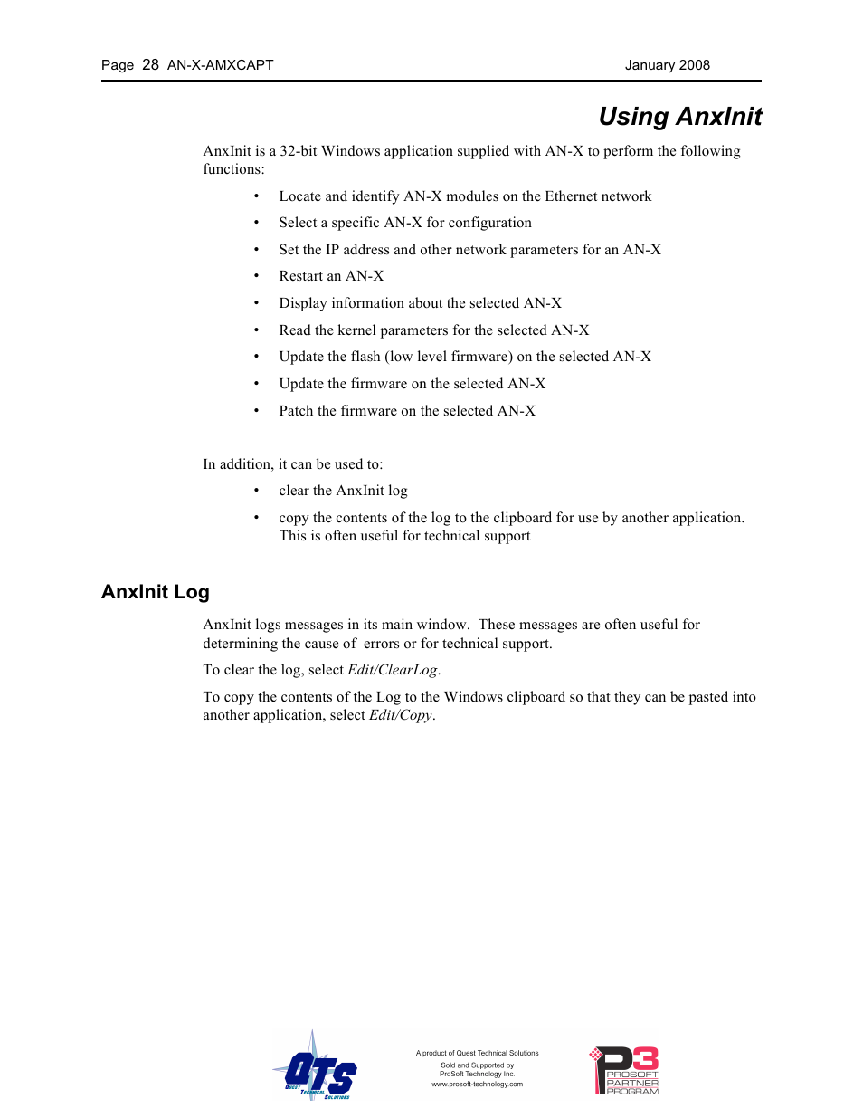 Using anxinit, Anxinit log | ProSoft Technology AN-X-AMX User Manual | Page 32 / 50