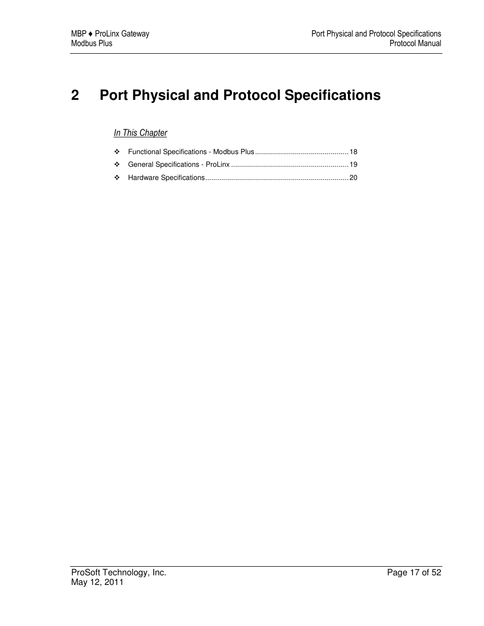 2port physical and protocol specifications | ProSoft Technology 5301-MBP-ASCII User Manual | Page 17 / 52