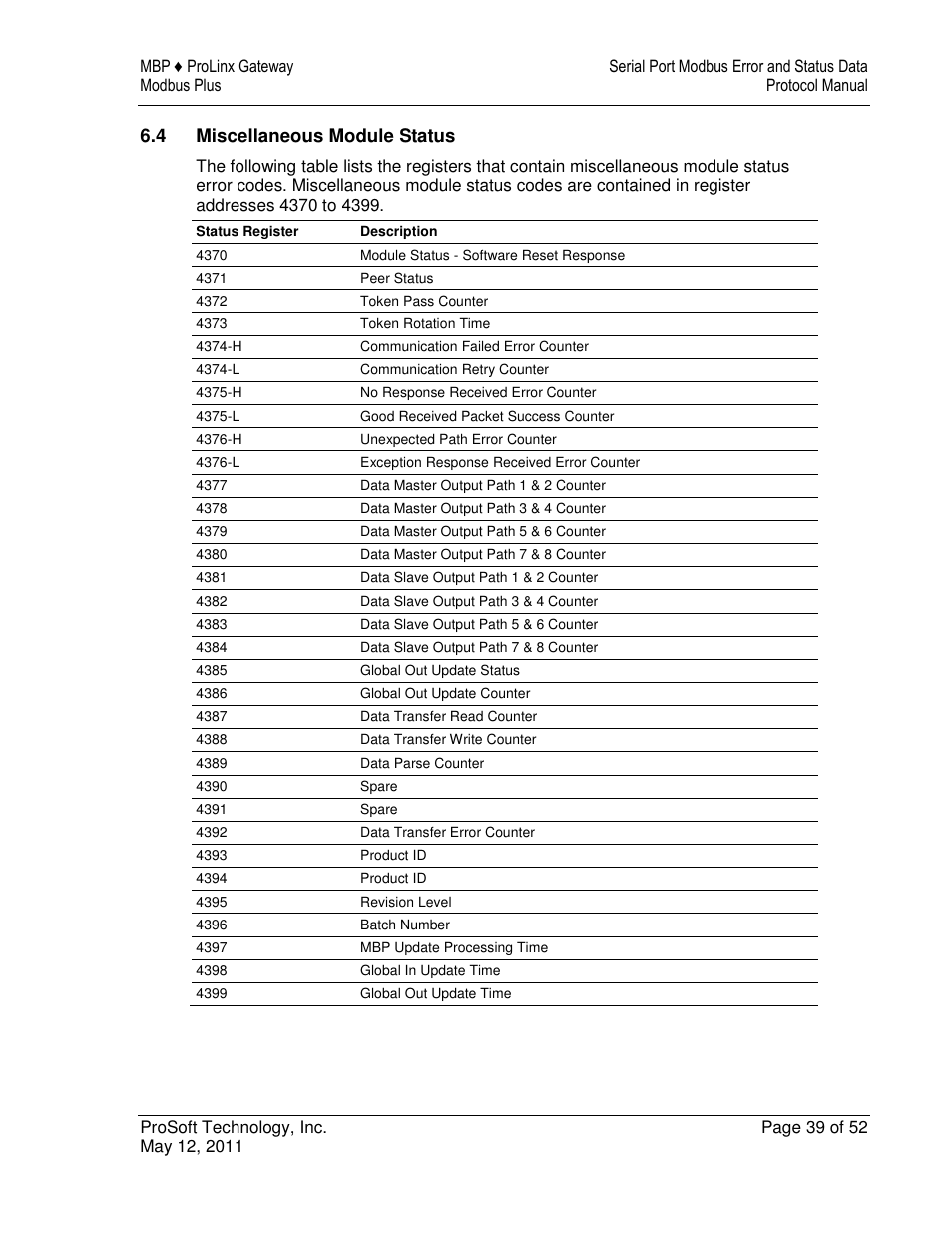 4 miscellaneous module status | ProSoft Technology 5301-MBP-ASCII User Manual | Page 39 / 52