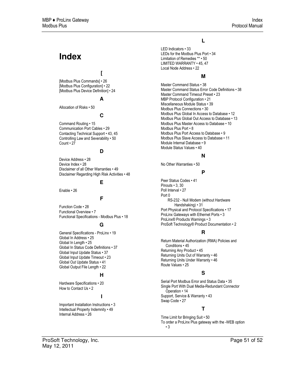 Index | ProSoft Technology 5301-MBP-ASCII User Manual | Page 51 / 52