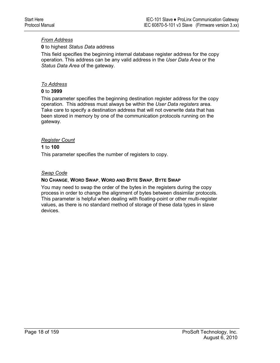 From address, To address, Register count | Swap code | ProSoft Technology 5201-MNET-101S User Manual | Page 18 / 159