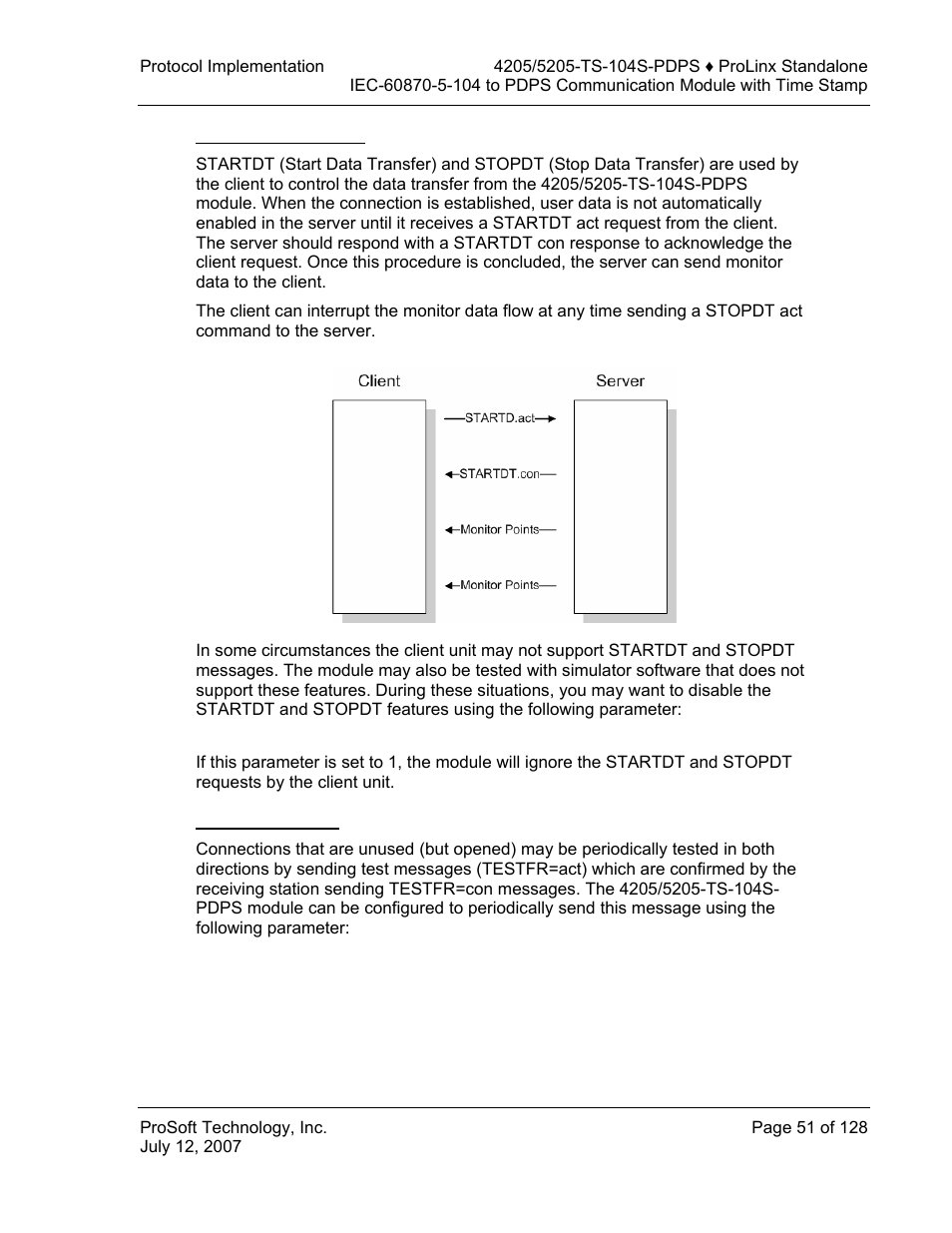 Startdt & stopdt, Testfr requests | ProSoft Technology 5205-104S-PDPS User Manual | Page 51 / 128