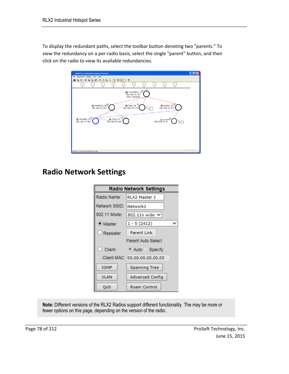 Adio, Etwork, Ettings | Radio network settings | ProSoft Technology RLX2-IHNF-WC User Manual | Page 78 / 212