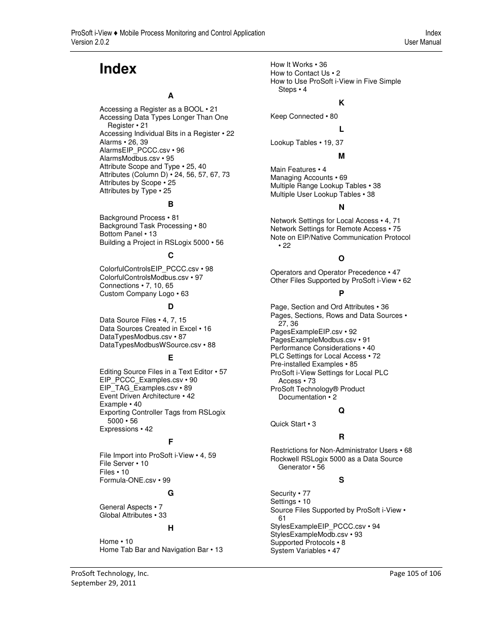 Index | ProSoft Technology ProSoft i-View User Manual | Page 105 / 106