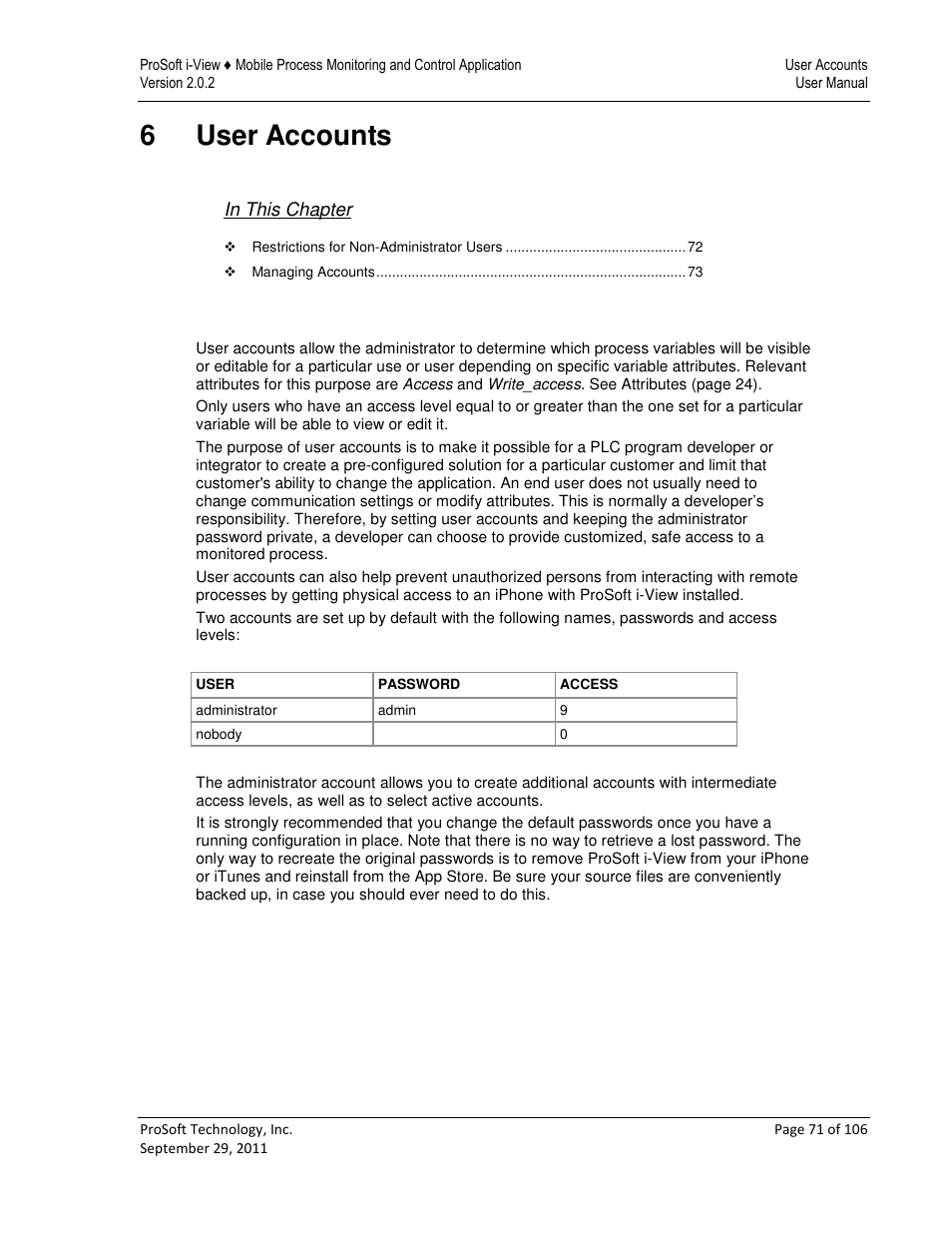6user accounts | ProSoft Technology ProSoft i-View User Manual | Page 71 / 106