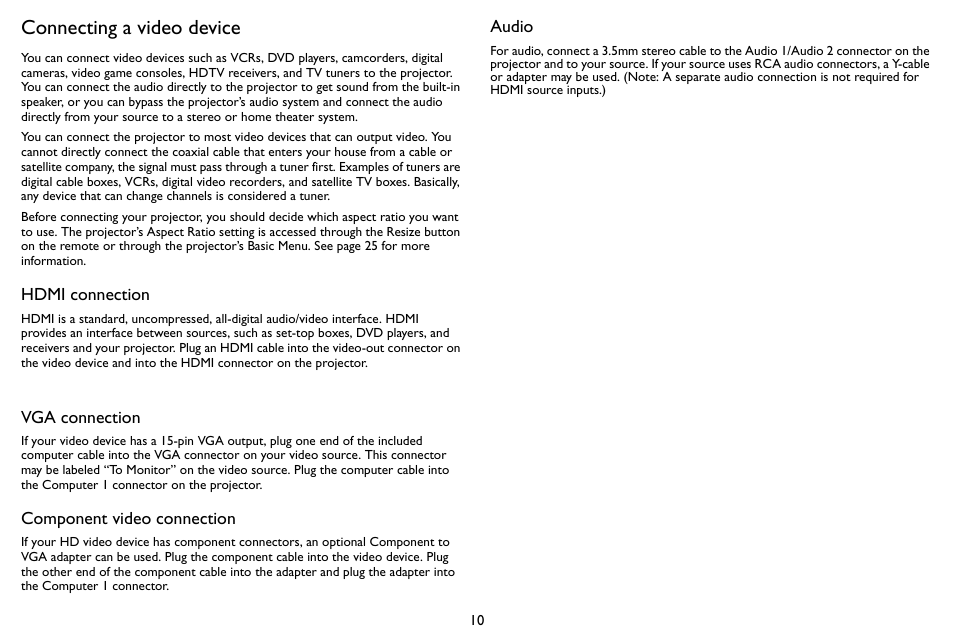 Connecting a video device, Hdmi connection, Vga connection | Component video connection, Audio | InFocus SP1080 User Manual | Page 11 / 35