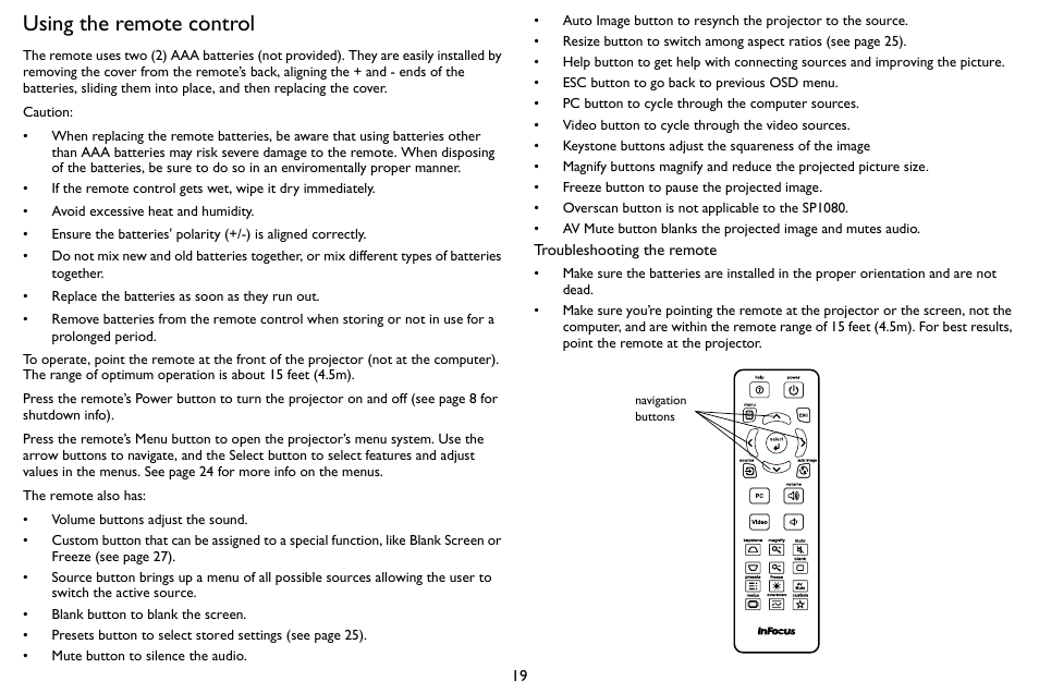 Using the remote control | InFocus SP1080 User Manual | Page 20 / 35