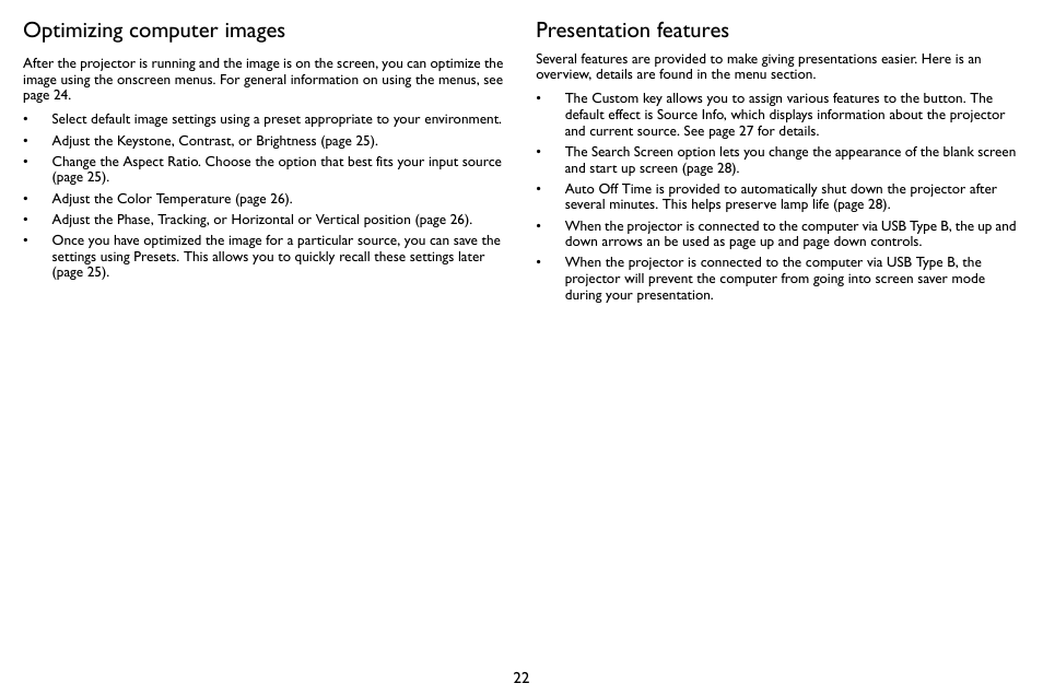 Optimizing computer images, Presentation features | InFocus SP1080 User Manual | Page 23 / 35