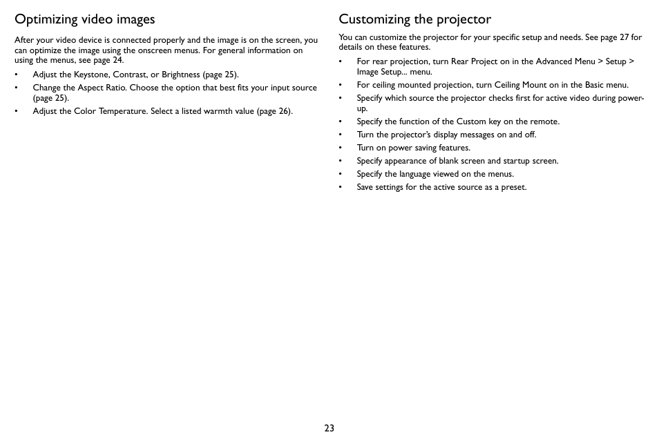 Optimizing video images, Customizing the projector | InFocus SP1080 User Manual | Page 24 / 35