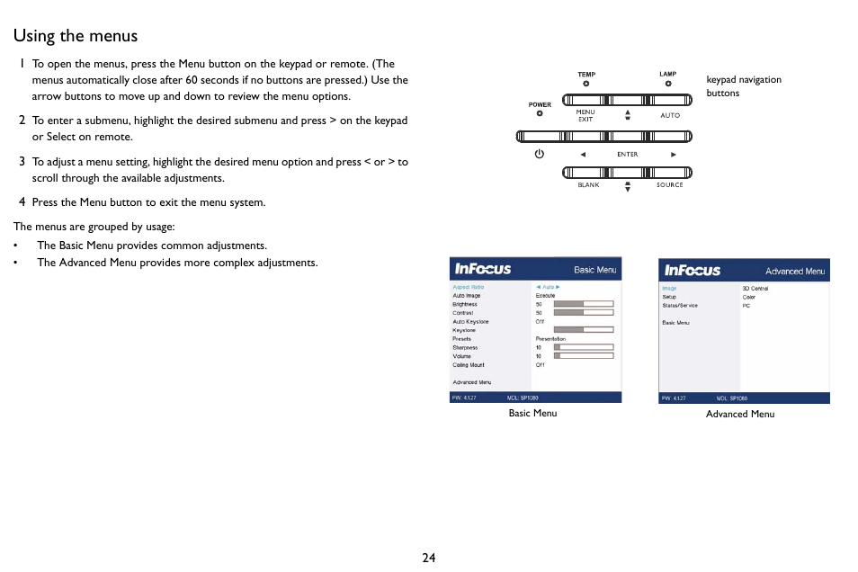 Using the menus | InFocus SP1080 User Manual | Page 25 / 35