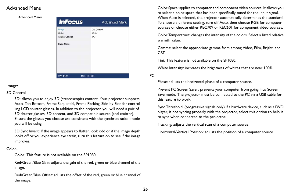 Advanced menu | InFocus SP1080 User Manual | Page 27 / 35