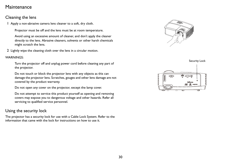 Maintenance, Cleaning the lens, Using the security lock | InFocus SP1080 User Manual | Page 31 / 35