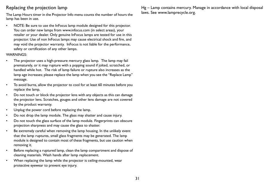 Replacing the projection lamp | InFocus SP1080 User Manual | Page 32 / 35