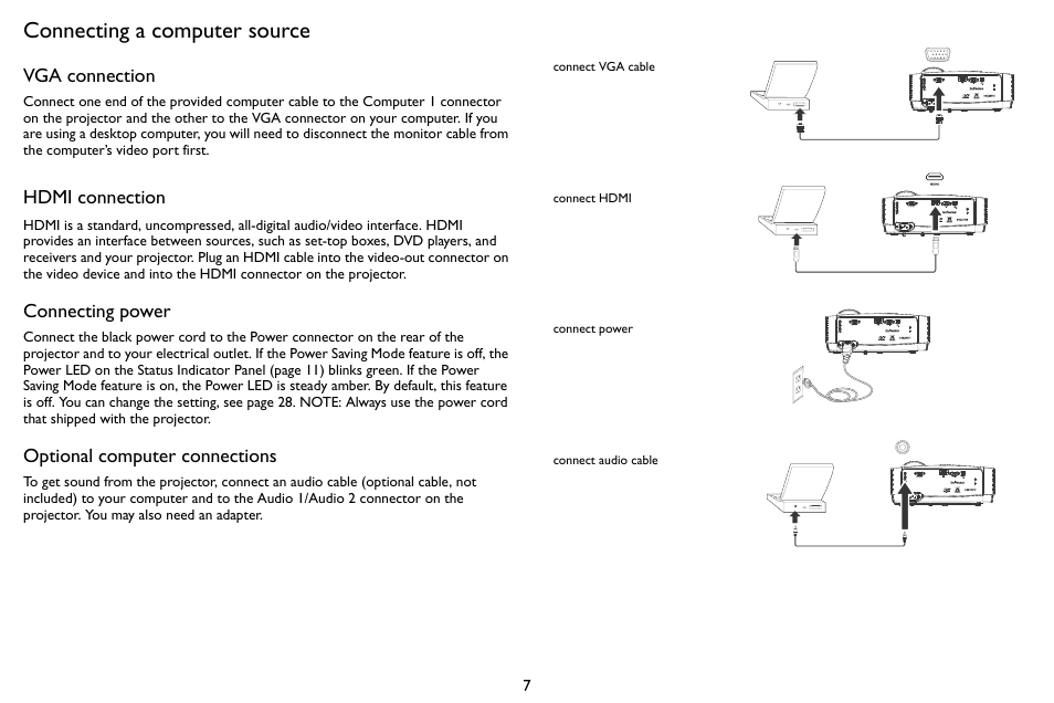 Connecting a computer source, Vga connection, Connecting power | Optional computer connections, Hdmi connection | InFocus SP1080 User Manual | Page 8 / 35