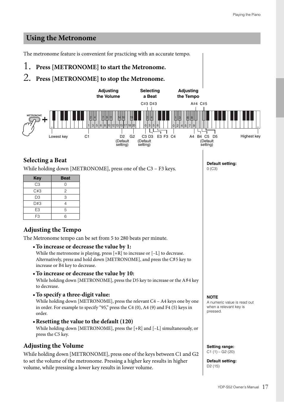 Using the metronome, Press [metronome] to start the metronome, Press [metronome] to stop the metronome | Selecting a beat, Adjusting the tempo, Adjusting the volume, Resetting the value to the default (120) | Yamaha YDP-S52 User Manual | Page 17 / 40