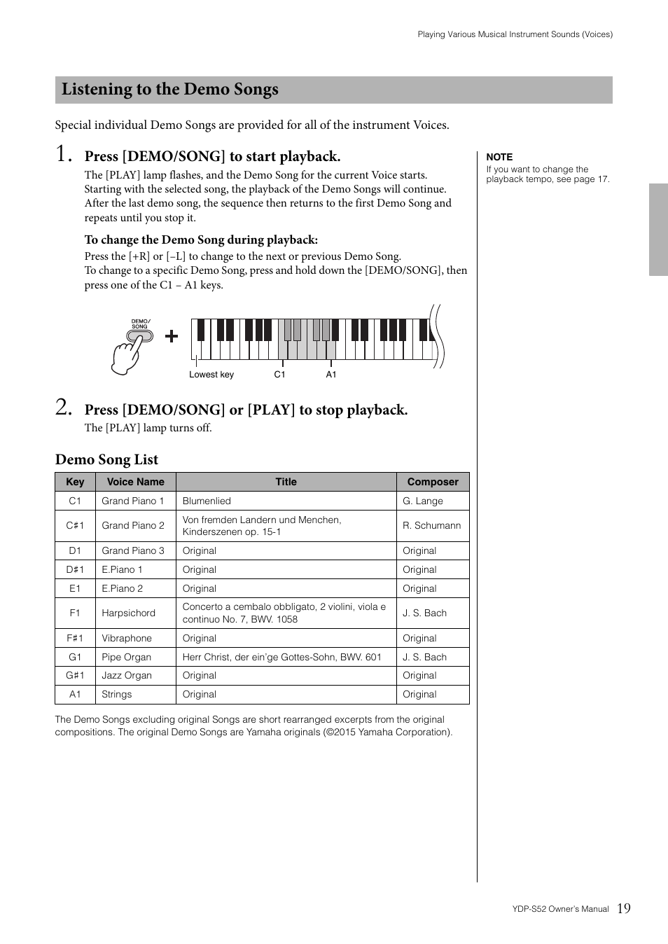 Listening to the demo songs, Ges 19, Press [demo/song] to start playback | Press [demo/song] or [play] to stop playback, Demo song list | Yamaha YDP-S52 User Manual | Page 19 / 40