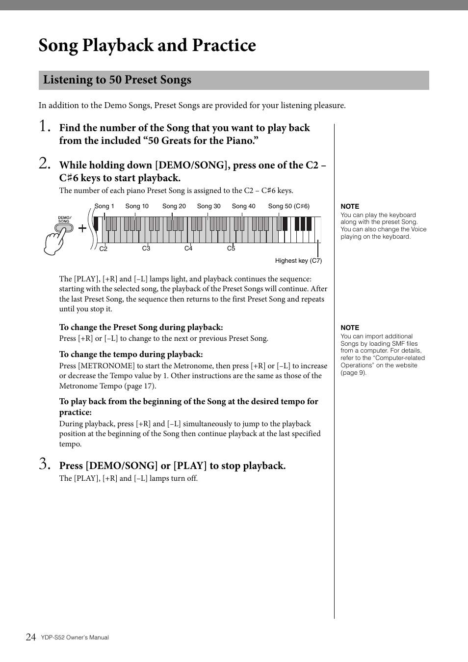 Song playback and practice, Listening to 50 preset songs, Press [demo/song] or [play] to stop playback | Yamaha YDP-S52 User Manual | Page 24 / 40