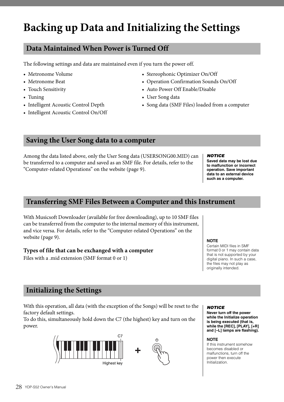 Backing up data and initializing the settings, Data maintained when power is turned off, Saving the user song data to a computer | Initializing the settings | Yamaha YDP-S52 User Manual | Page 28 / 40