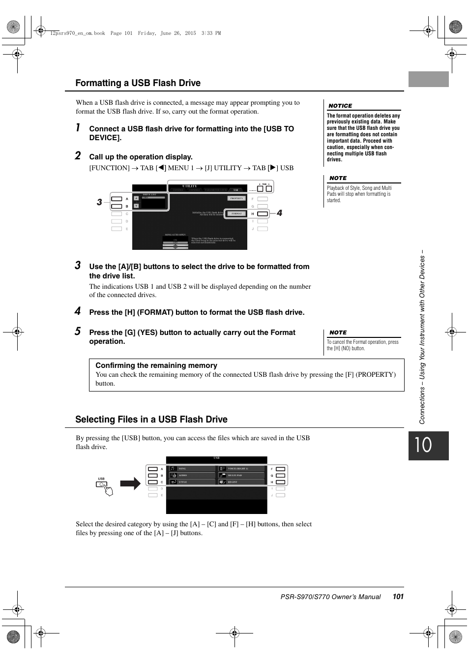 Formatting a usb flash drive, Selecting files in a usb flash drive | Yamaha PSR-S770 User Manual | Page 101 / 118