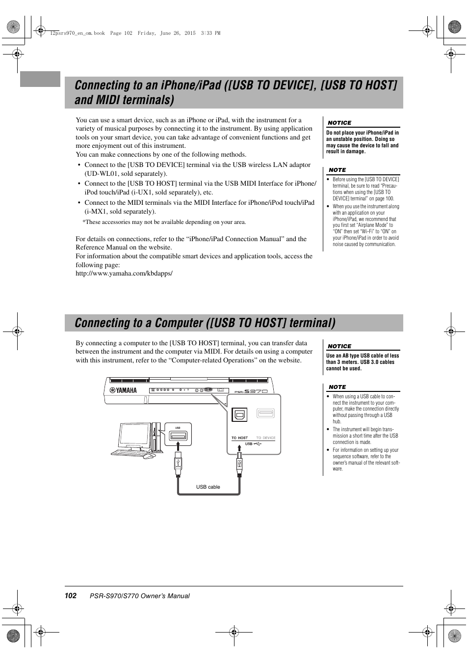 Connecting to a computer ([usb to host] terminal) | Yamaha PSR-S770 User Manual | Page 102 / 118