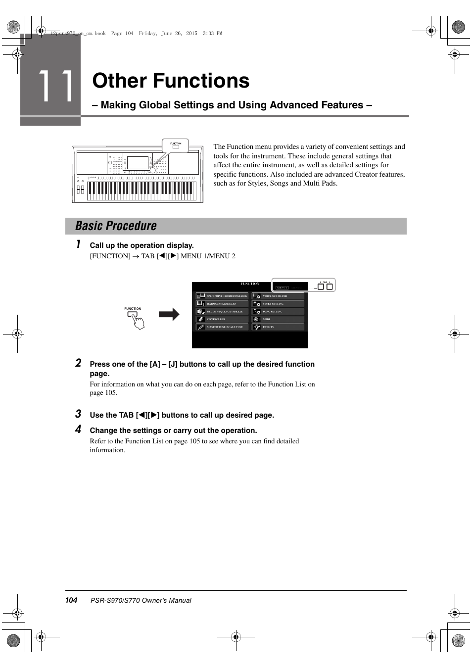 Basic procedure, 11 other functions – making global settings and, Using advanced features | Other functions | Yamaha PSR-S770 User Manual | Page 104 / 118