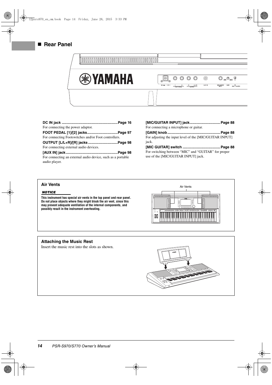 Rear panel | Yamaha PSR-S770 User Manual | Page 14 / 118