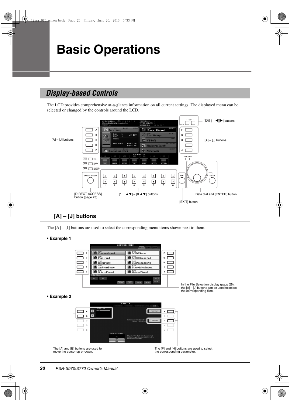 Basic operations, Display-based controls, A] – [j] buttons | Yamaha PSR-S770 User Manual | Page 20 / 118