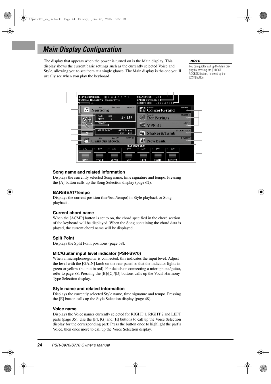 Main display configuration | Yamaha PSR-S770 User Manual | Page 24 / 118