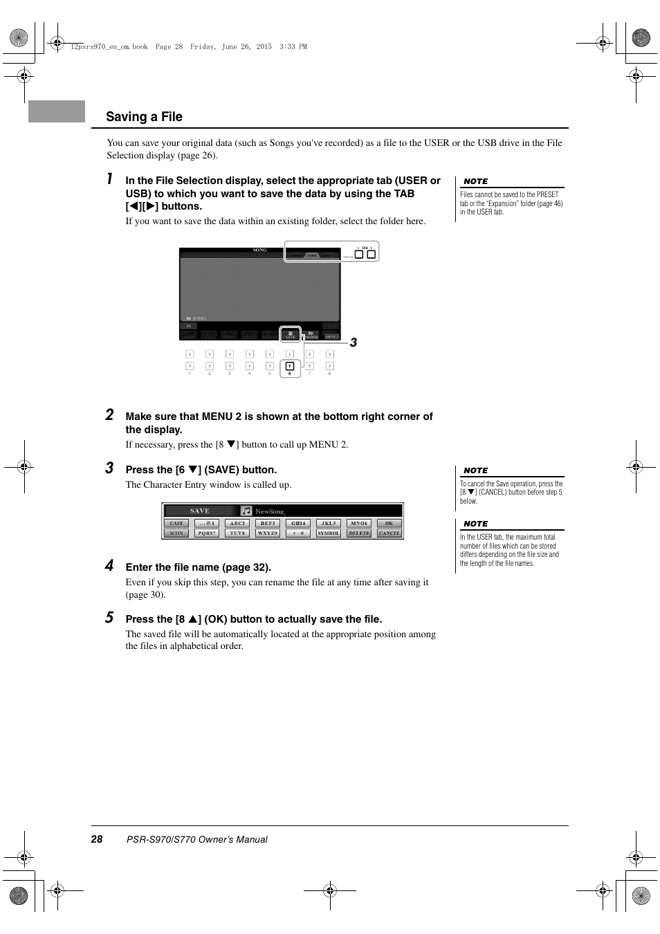 Saving a file | Yamaha PSR-S770 User Manual | Page 28 / 118