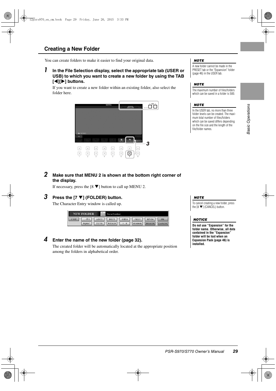 Creating a new folder | Yamaha PSR-S770 User Manual | Page 29 / 118