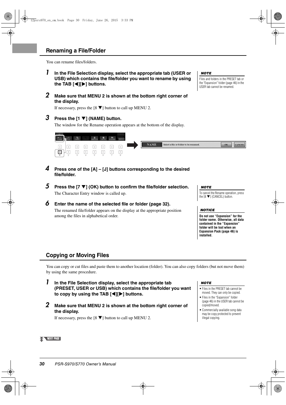 Renaming a file/folder, Copying or moving files | Yamaha PSR-S770 User Manual | Page 30 / 118