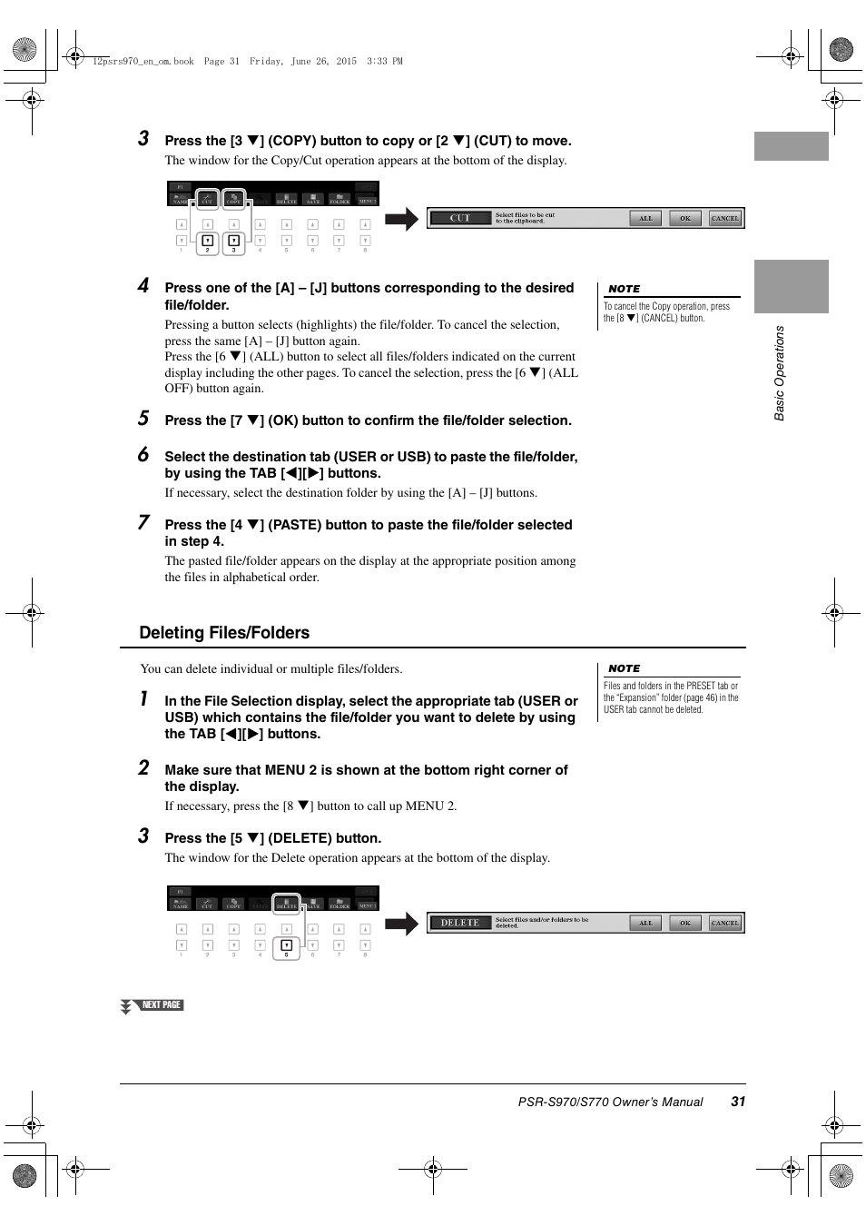 Deleting files/folders | Yamaha PSR-S770 User Manual | Page 31 / 118