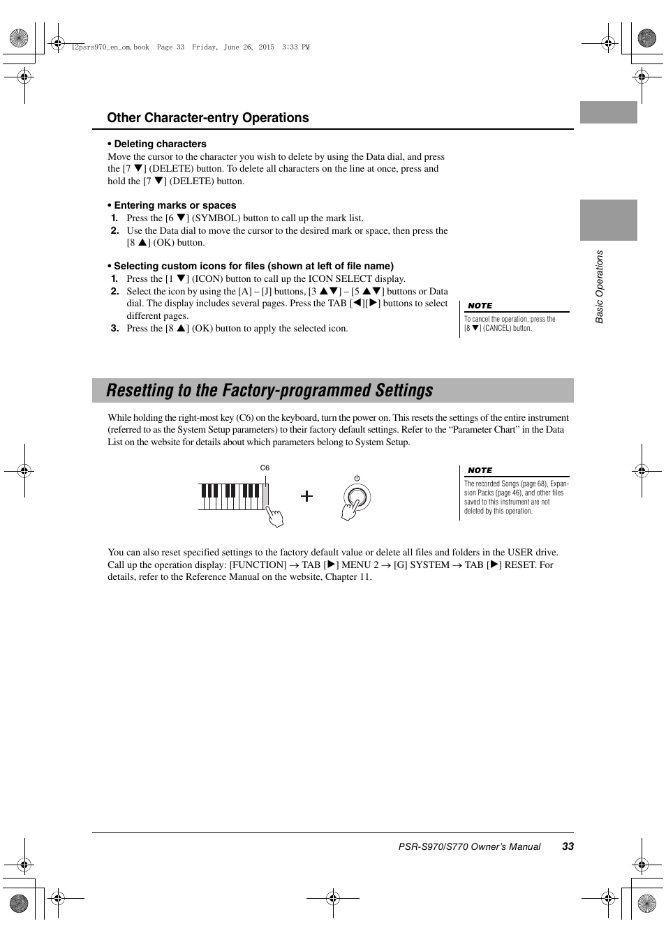 Resetting to the factory-programmed settings, Other character-entry operations | Yamaha PSR-S770 User Manual | Page 33 / 118