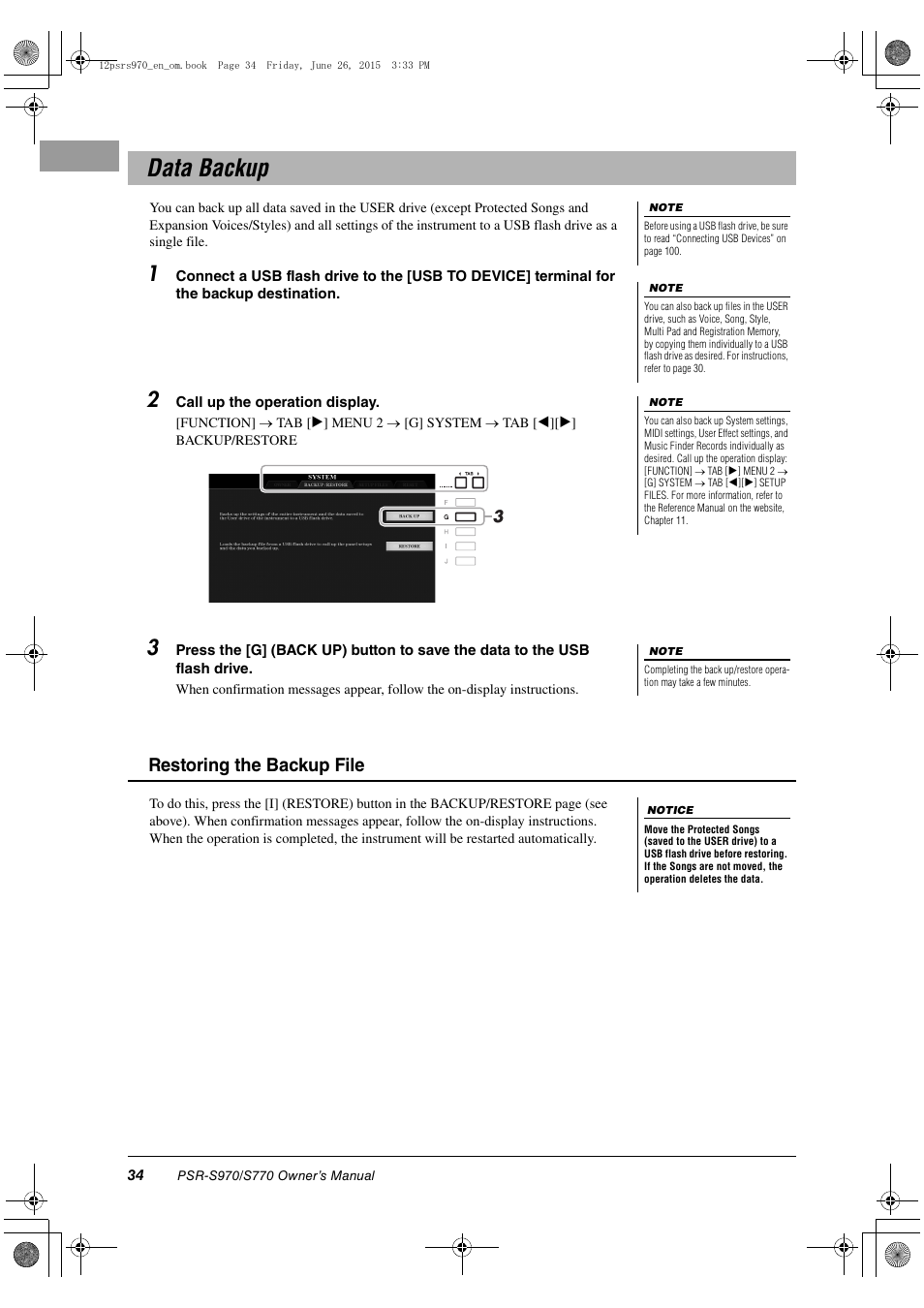 Data backup, Restoring the backup file | Yamaha PSR-S770 User Manual | Page 34 / 118