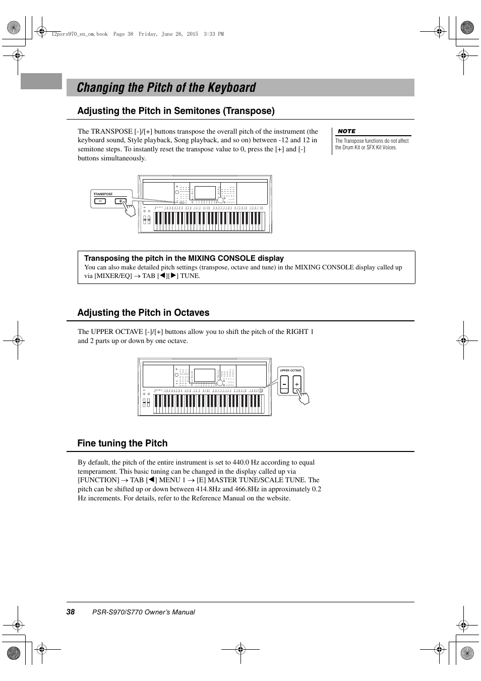 Changing the pitch of the keyboard, Adjusting the pitch in semitones (transpose) | Yamaha PSR-S770 User Manual | Page 38 / 118