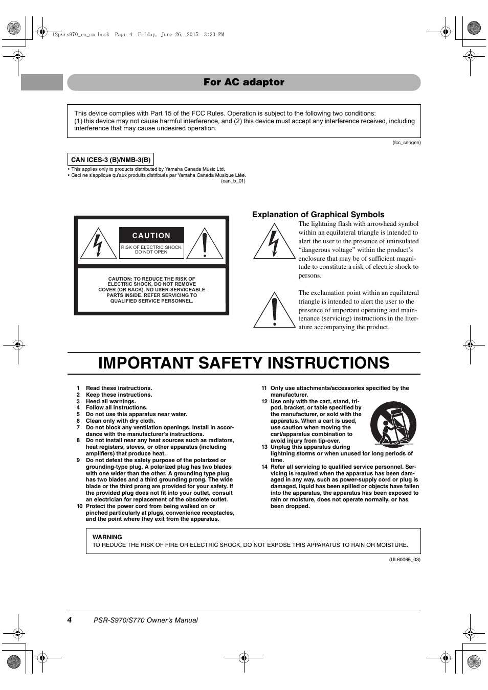 Important safety instructions, For ac adaptor, Explanation of graphical symbols | Yamaha PSR-S770 User Manual | Page 4 / 118