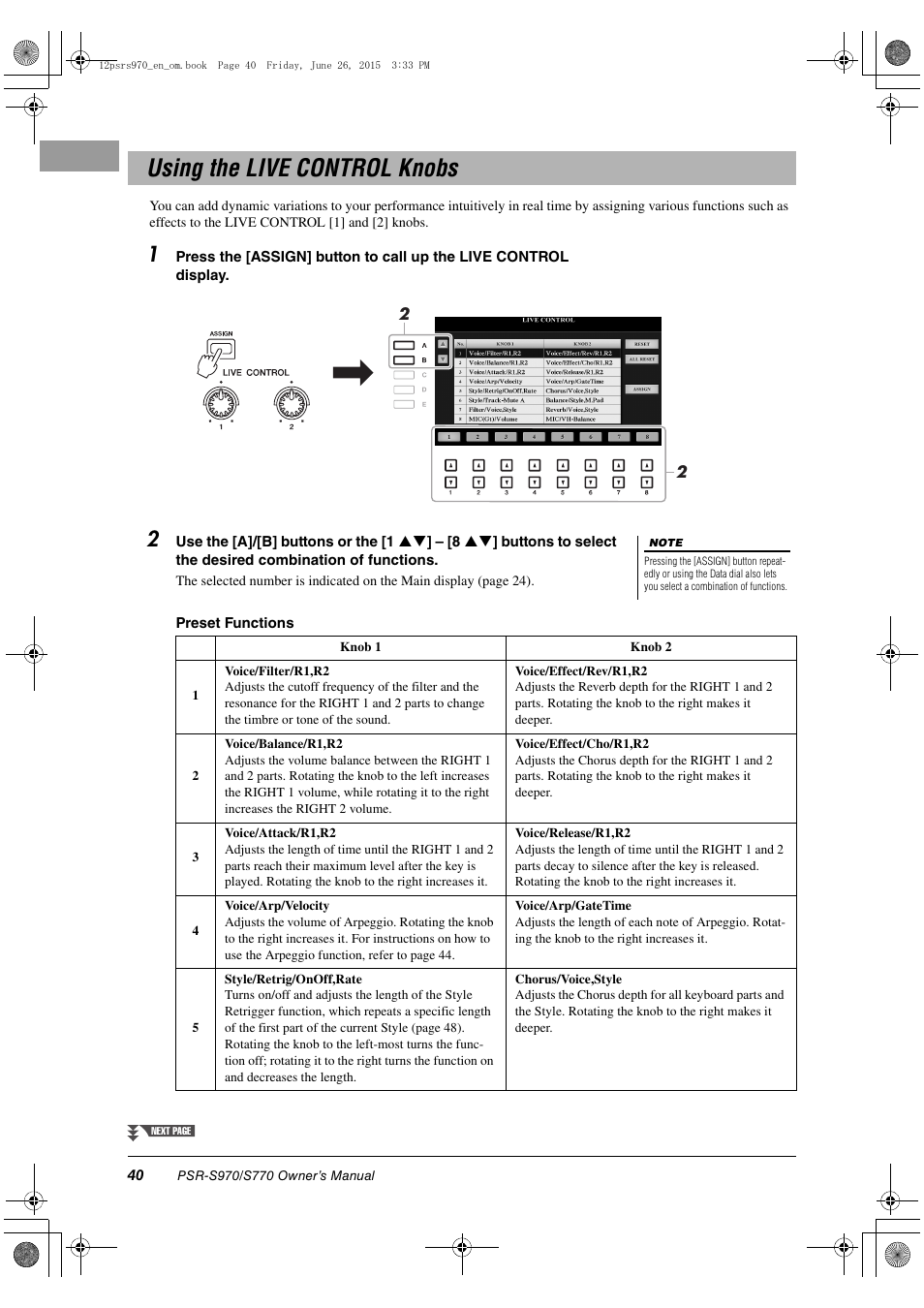 Using the live control knobs | Yamaha PSR-S770 User Manual | Page 40 / 118