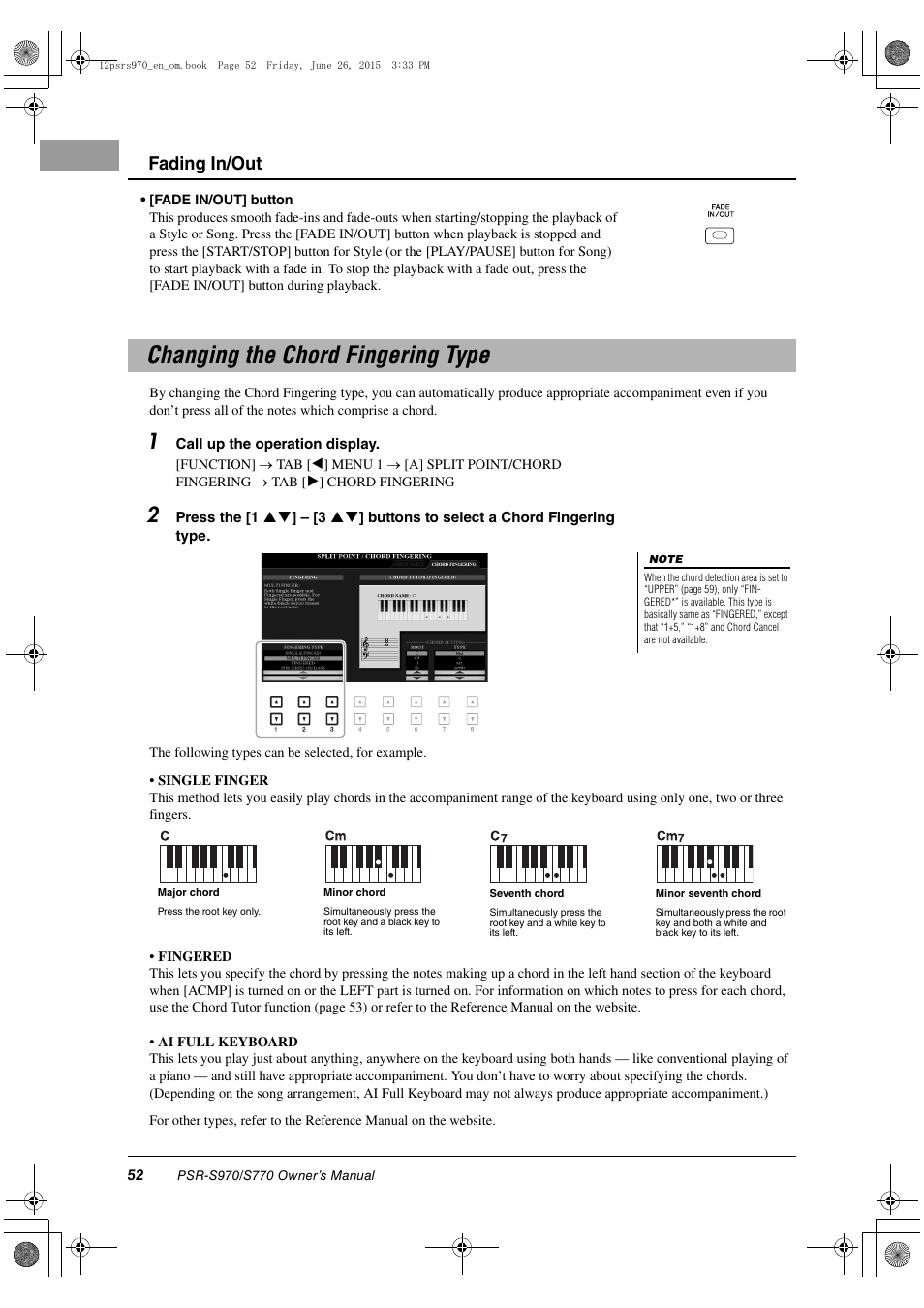 Changing the chord fingering type, Fading in/out | Yamaha PSR-S770 User Manual | Page 52 / 118