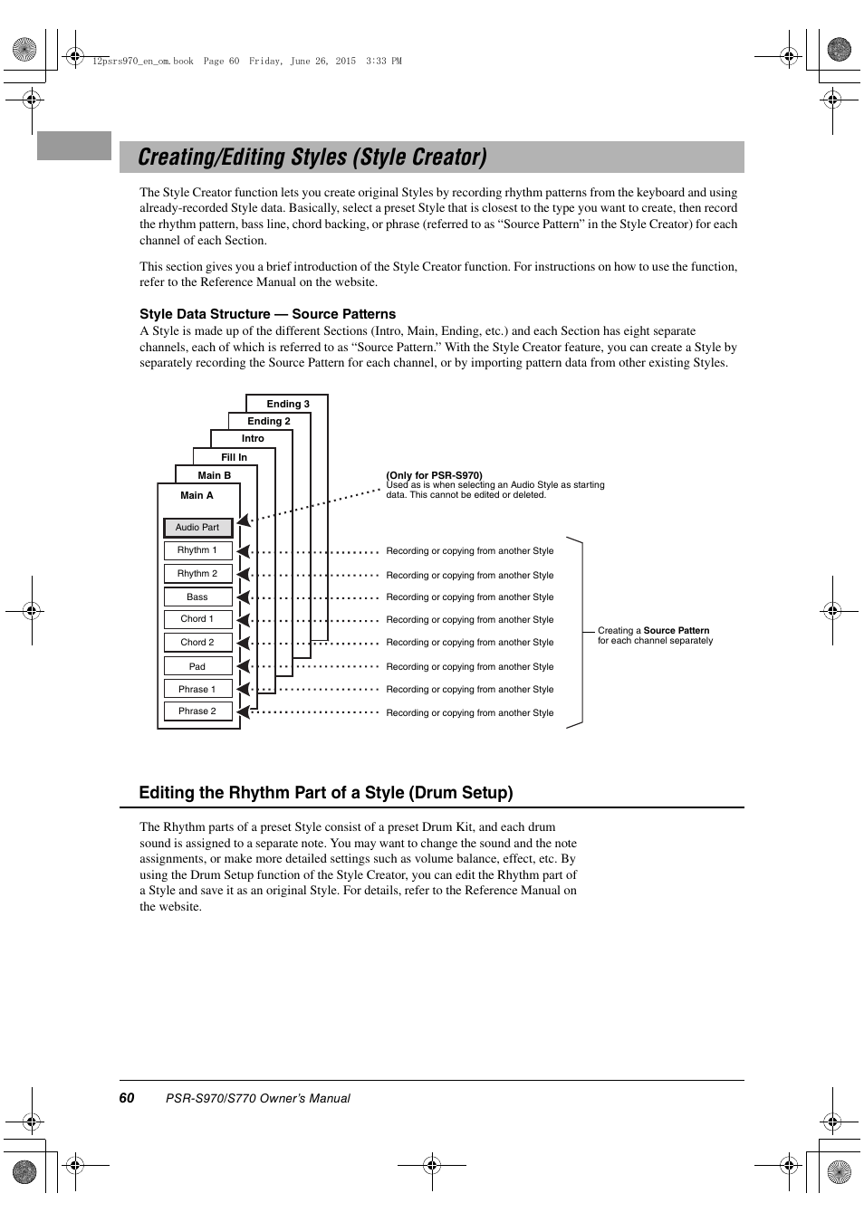 Creating/editing styles (style creator), Editing the rhythm part of a style (drum setup), Style data structure — source patterns | Yamaha PSR-S770 User Manual | Page 60 / 118