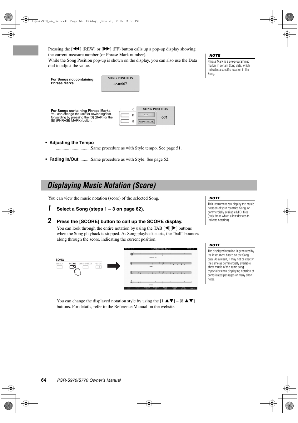 Displaying music notation (score) | Yamaha PSR-S770 User Manual | Page 64 / 118