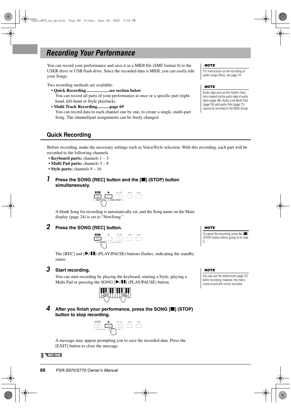 Recording your performance, Quick recording | Yamaha PSR-S770 User Manual | Page 68 / 118