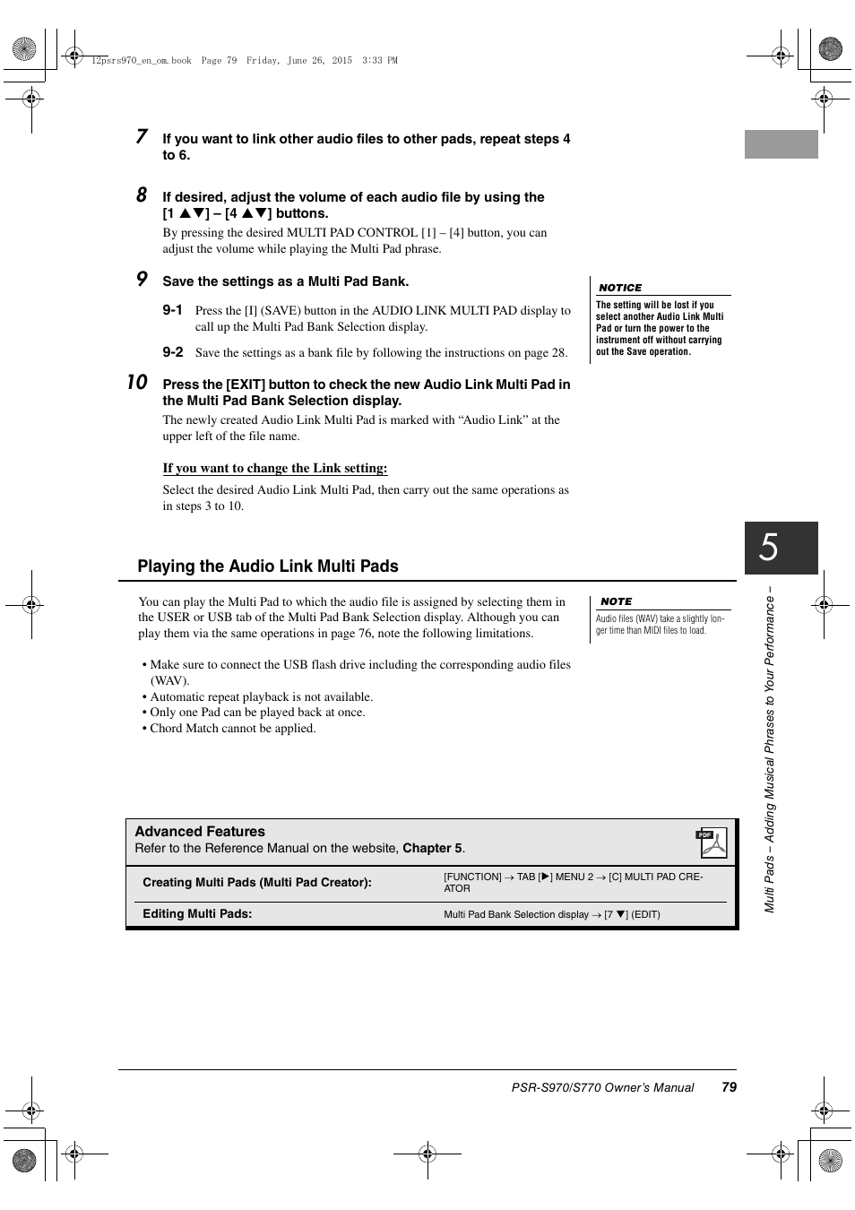 Playing the audio link multi pads | Yamaha PSR-S770 User Manual | Page 79 / 118