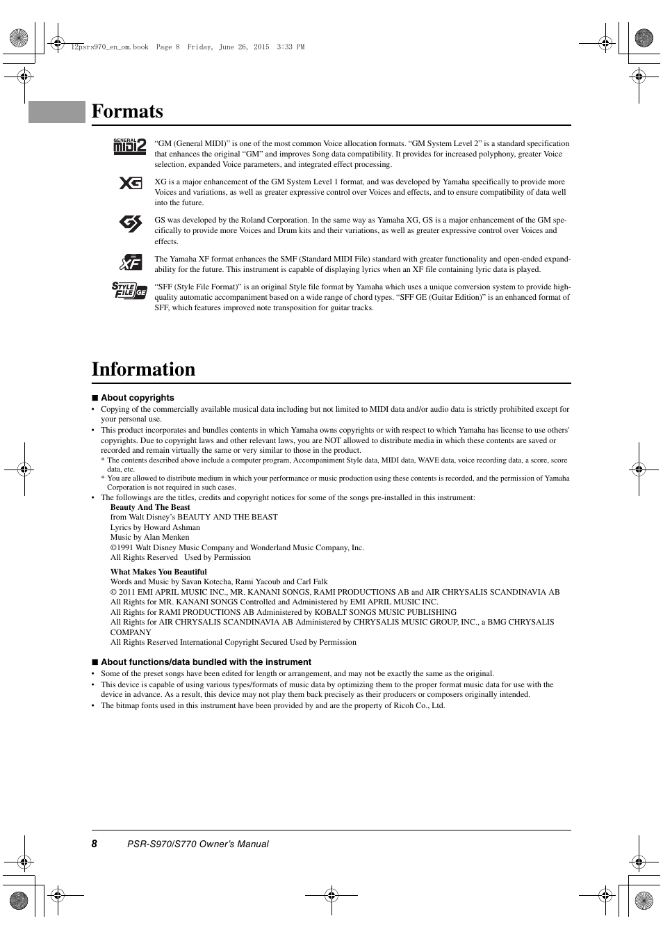 Formats, Information | Yamaha PSR-S770 User Manual | Page 8 / 118