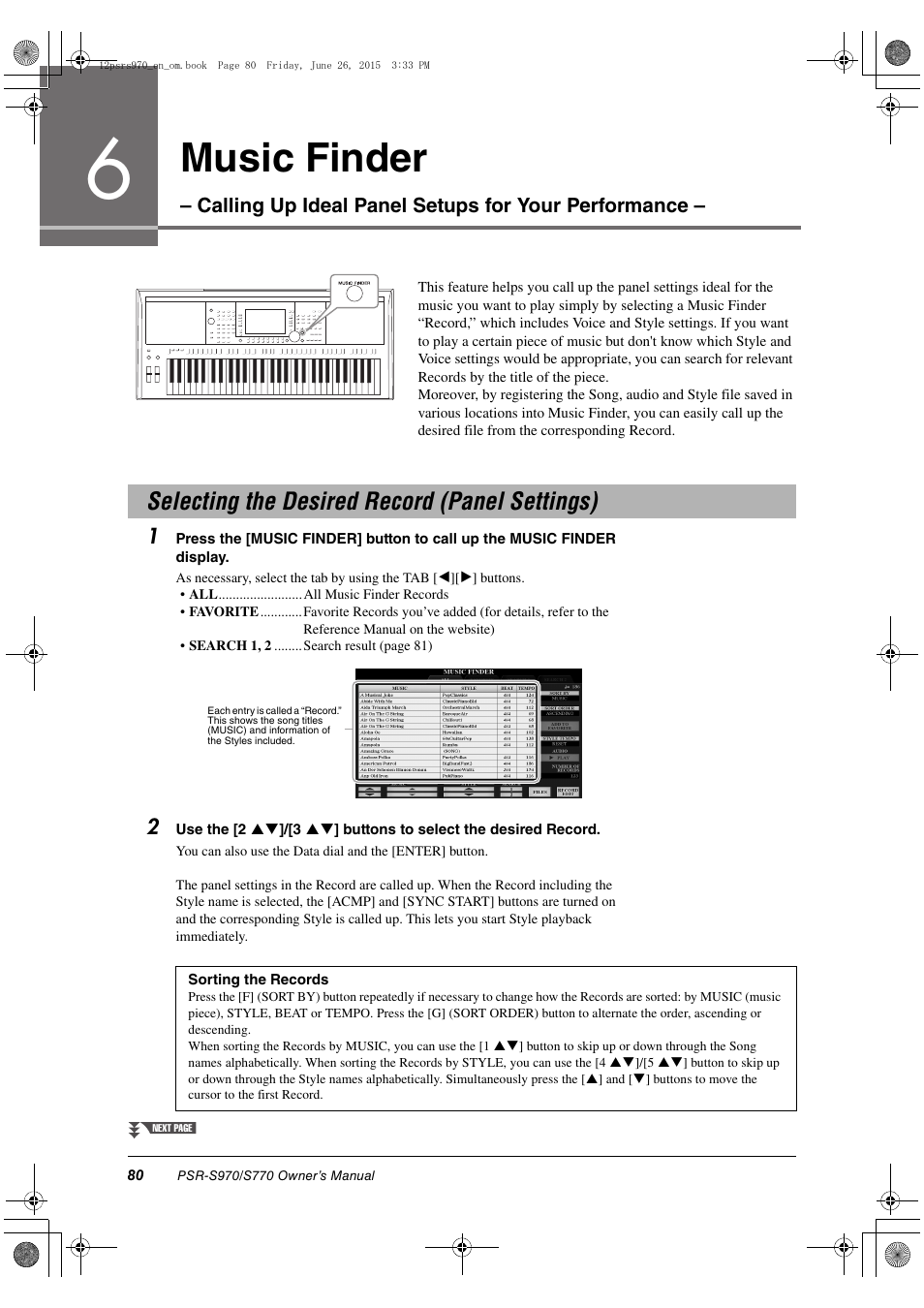 Selecting the desired record (panel settings), Music finder | Yamaha PSR-S770 User Manual | Page 80 / 118