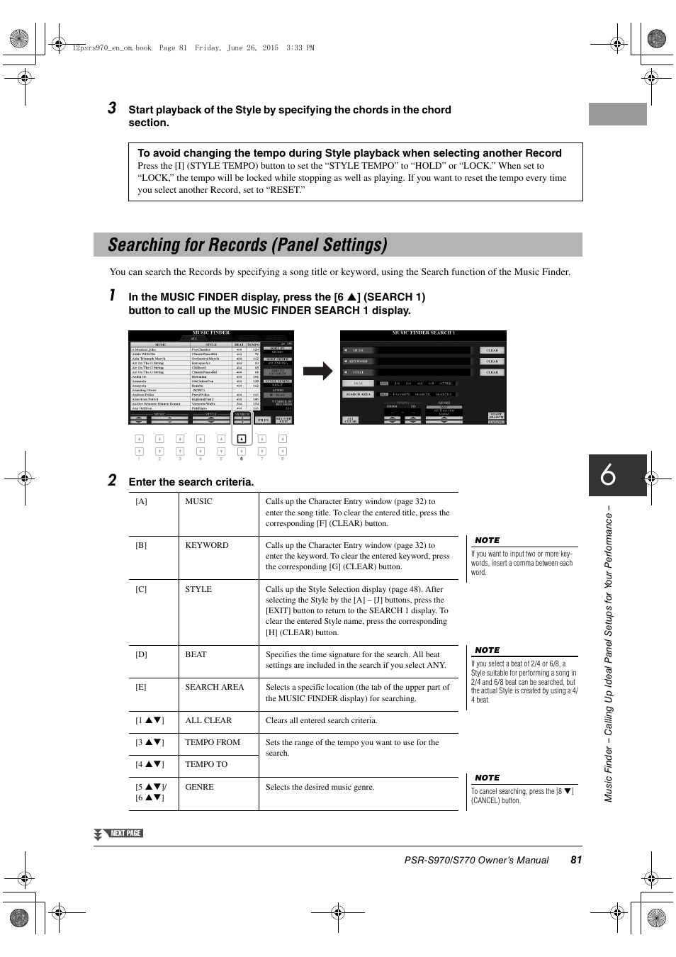 Searching for records (panel settings) | Yamaha PSR-S770 User Manual | Page 81 / 118