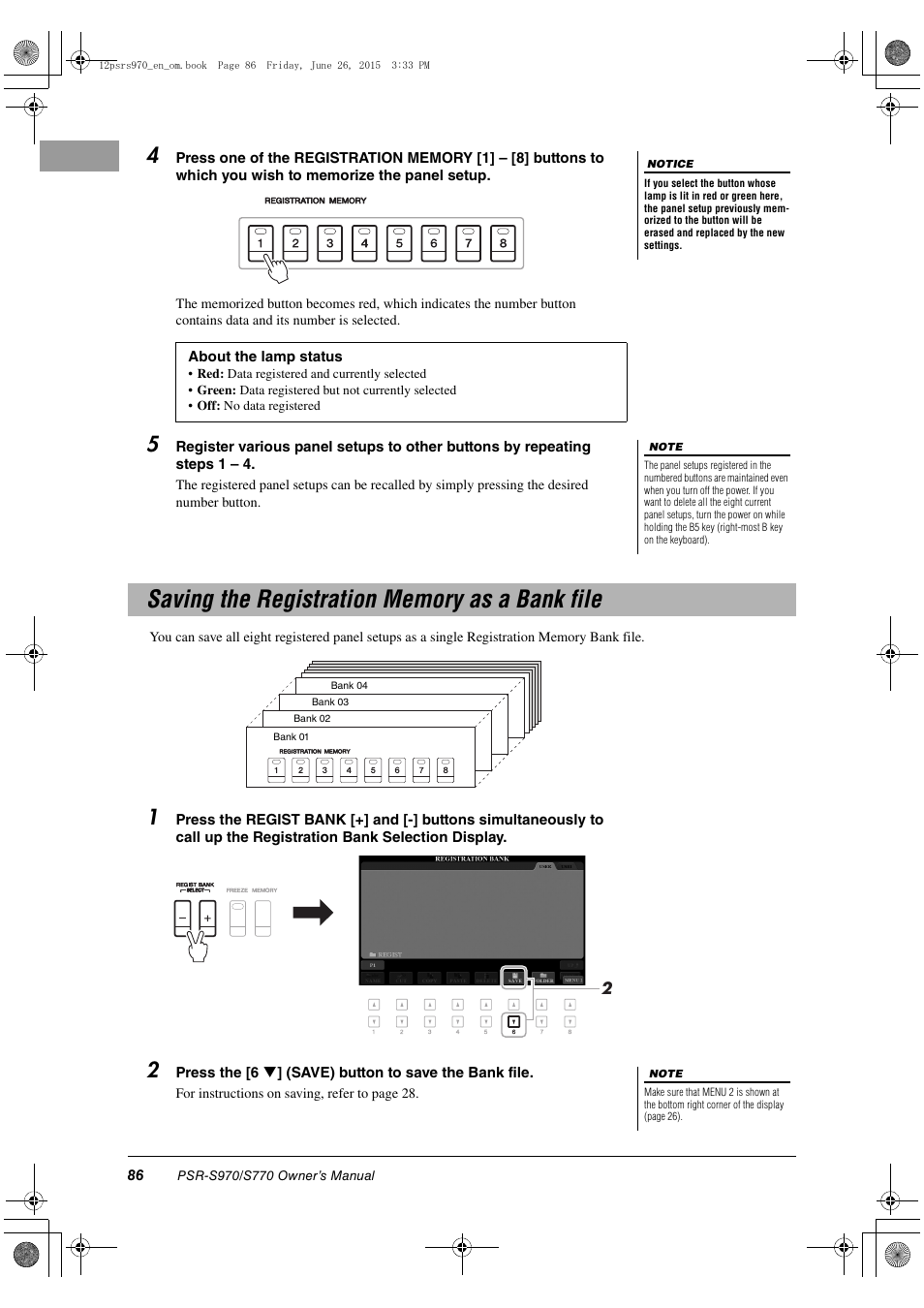 Saving the registration memory as a bank file | Yamaha PSR-S770 User Manual | Page 86 / 118