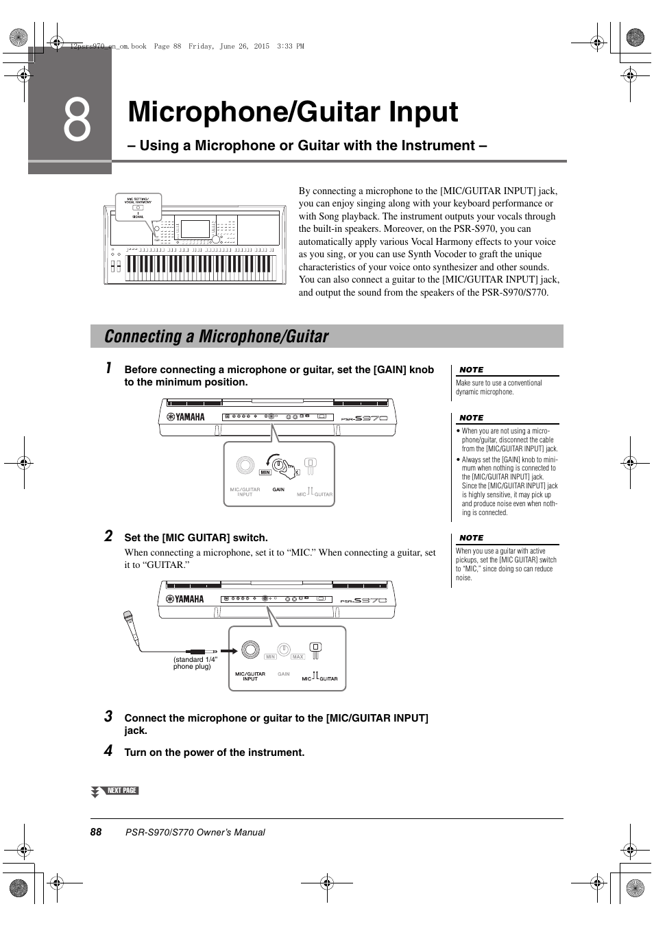 Connecting a microphone/guitar, Microphone/guitar input | Yamaha PSR-S770 User Manual | Page 88 / 118