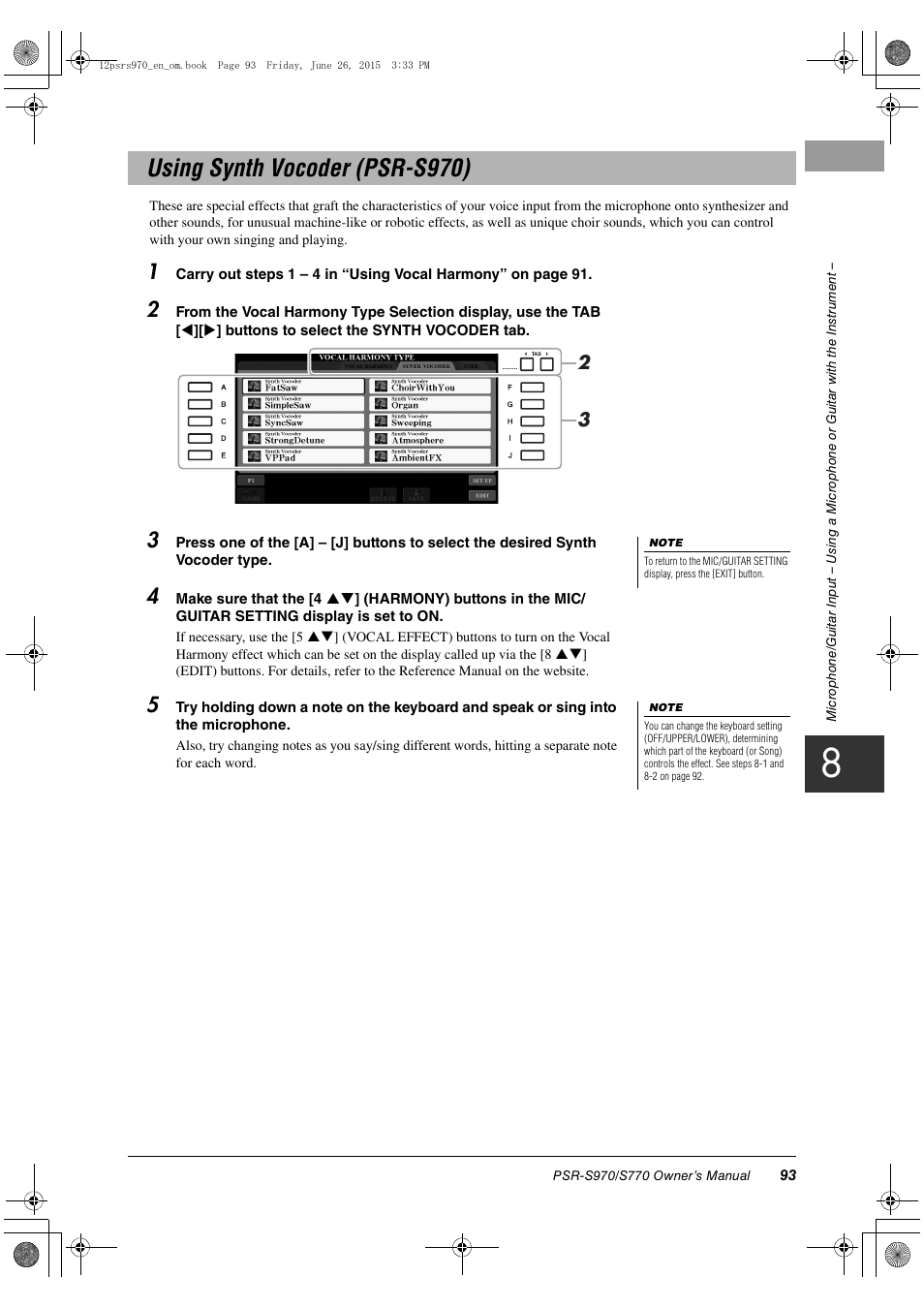Using synth vocoder (psr-s970) | Yamaha PSR-S770 User Manual | Page 93 / 118
